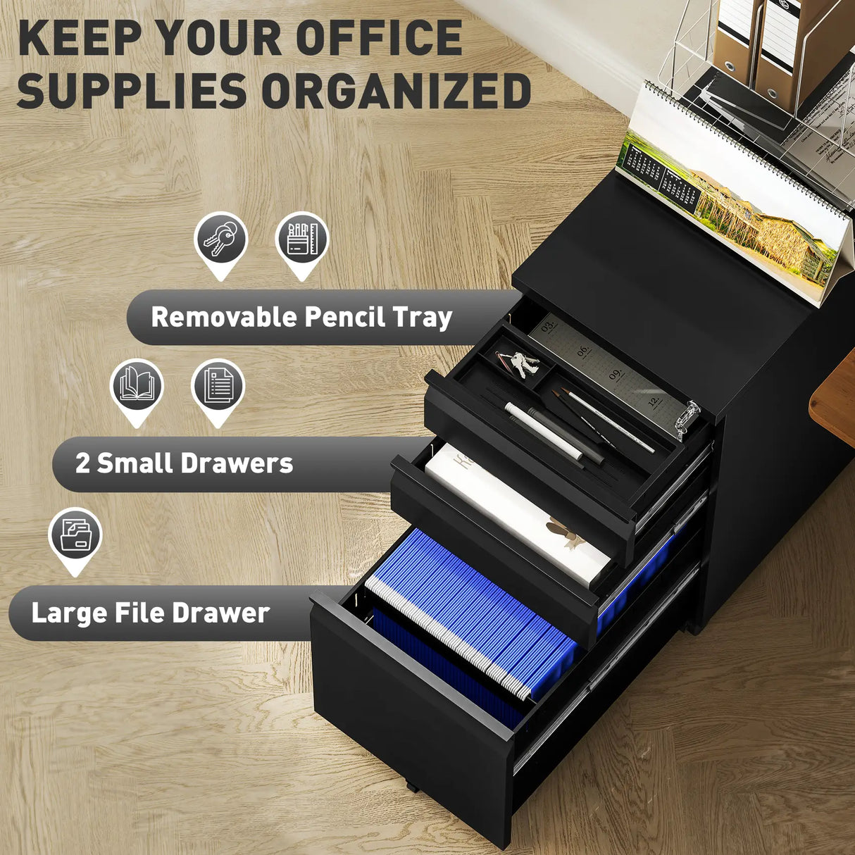 Vinsetto 3-Drawer Steel Filing Cabinet with Lock and Wheels - Black