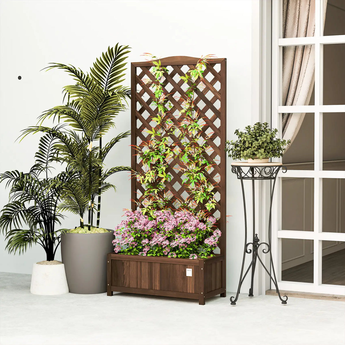 Outsunny 53L Garden Wooden Planter Box with Trellis Free Standing Flower Raised Bed with Lattice for Climbing Plants, 76cm x 36cm x 170cm, Dark Brown