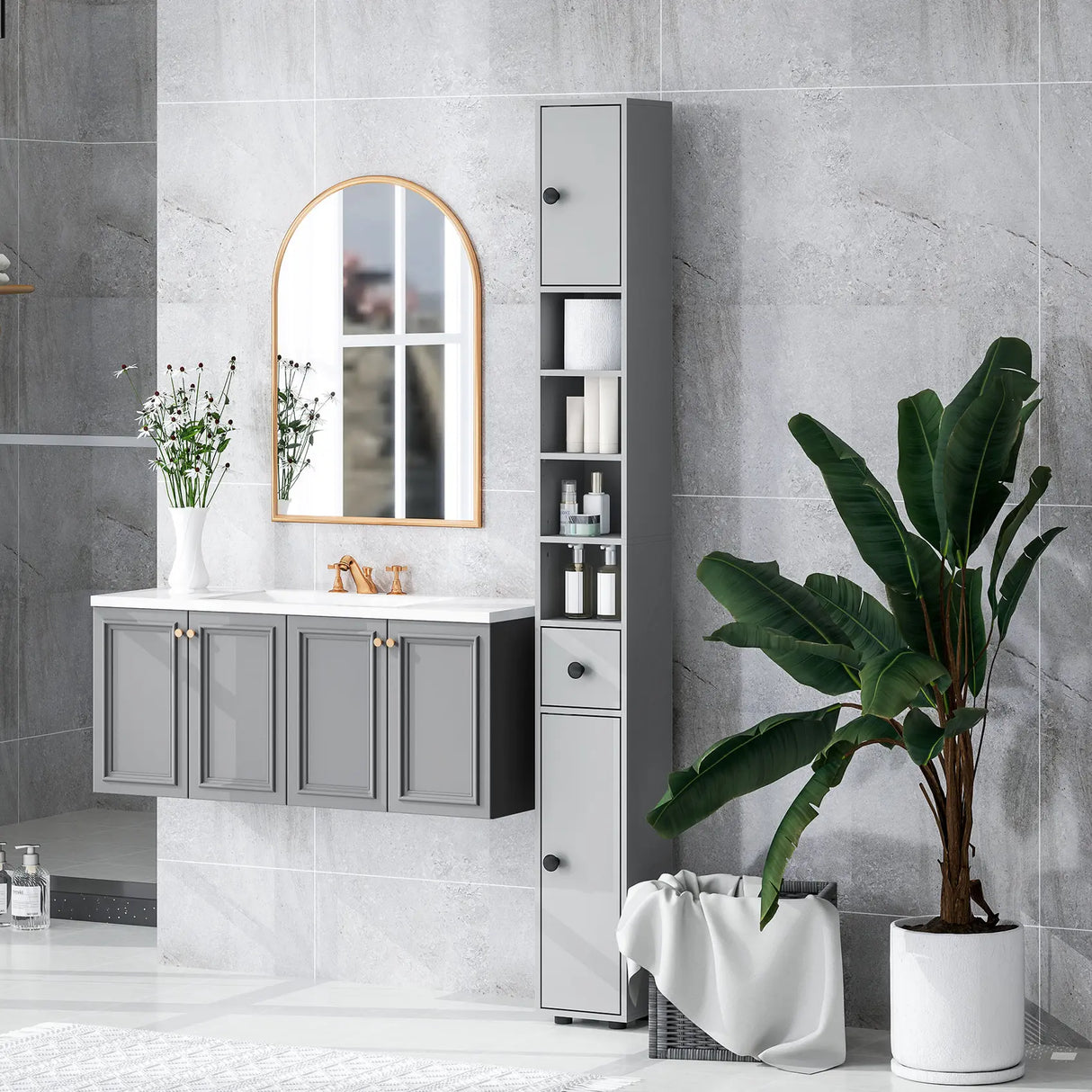 kleankin 180cm Slim Bathroom Cabinet, with Drawer, Shelves and Cupboards - Grey
