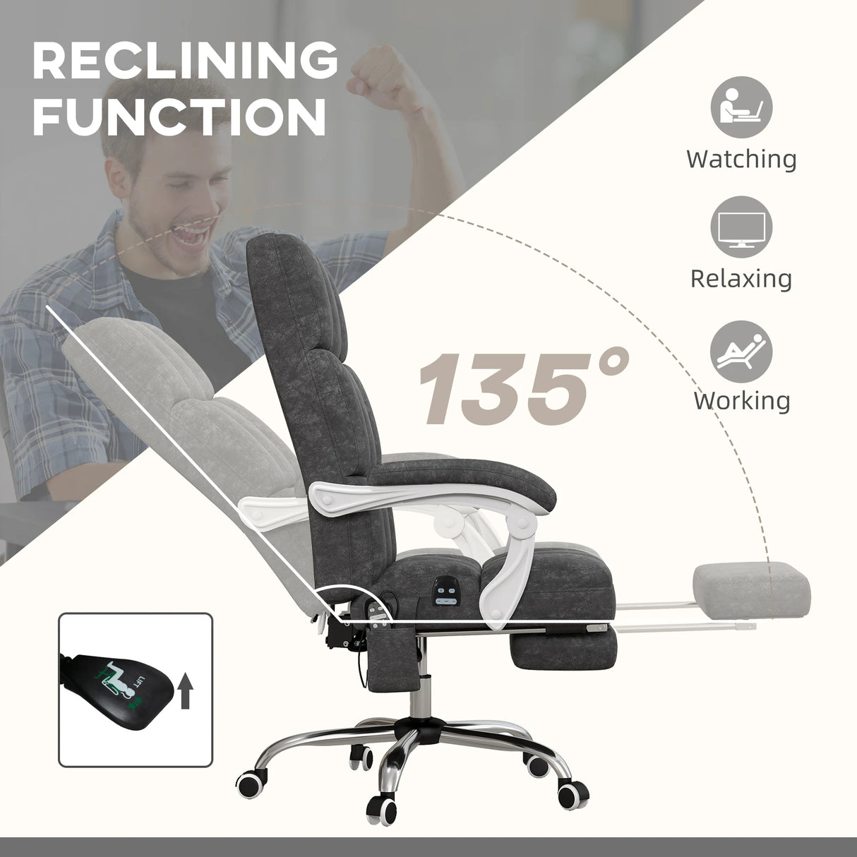 Vinsetto Massage Office Chair, Ergonomic Desk Chair, Comfy Work Study Chair with Heat, Padded Seat, 135 Reclining Back and Footrest for Home Office, Charcoal Grey