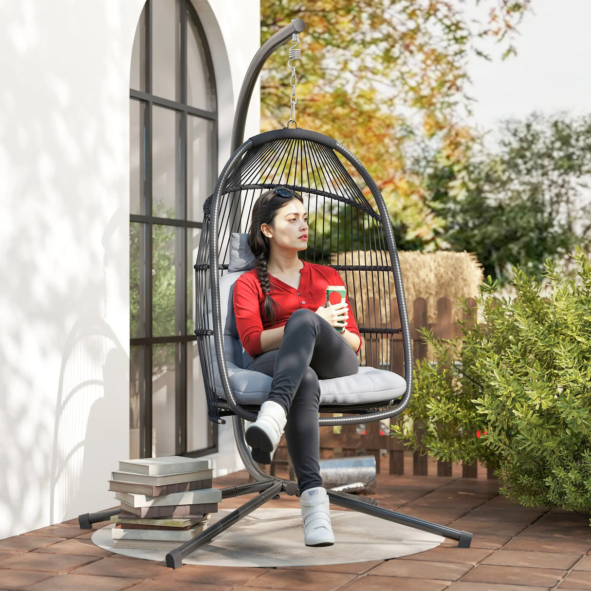 Outsunny Rattan Hanging Egg Chair with Stand, Foldable Wicker Swing Egg Chair with Cushion, Head Pillow, Steel Frame, Hammock Chair for Indoor Outdoor, Capacity 150 kg, Dark Grey