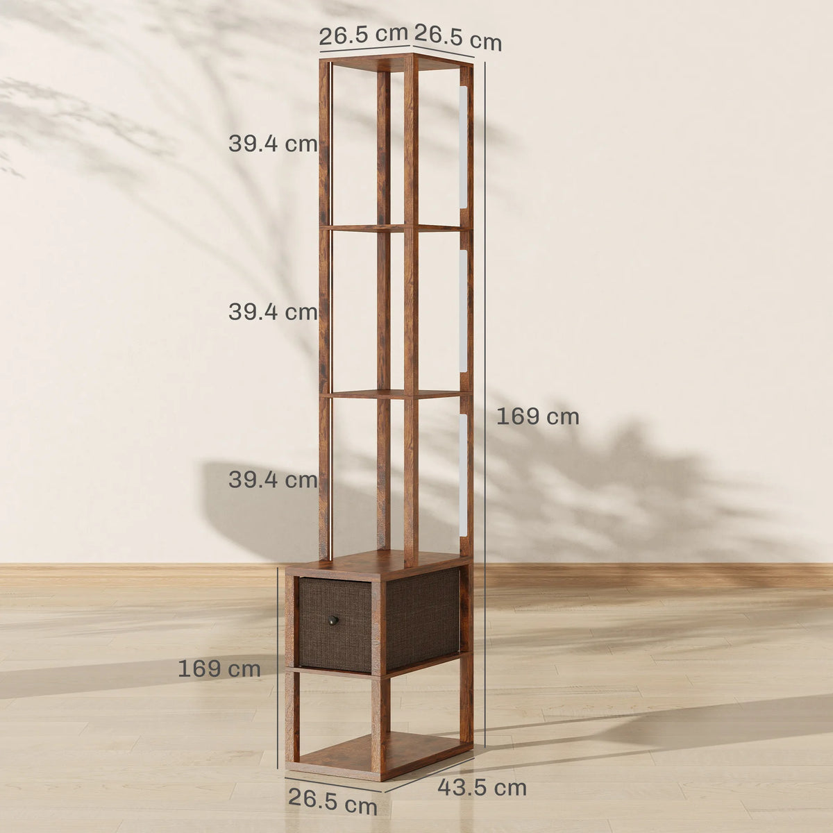 HOMCOM Floor Lamp with Shelves, LED Column Modern Standing Lamp with Fabric Drawer, Adjustable Brightness, Foot Switch for Living Room, Bedroom, Office, Rustic Brown