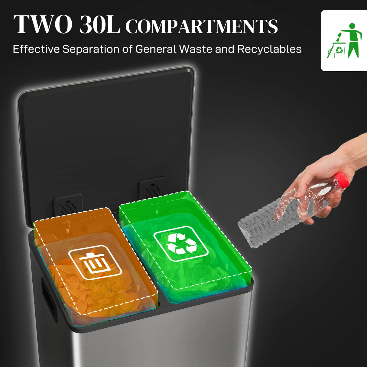 HOMCOM 60L Dual Compartment Stainless Steel Bin, with Deodoriser Holders - Silver Tone