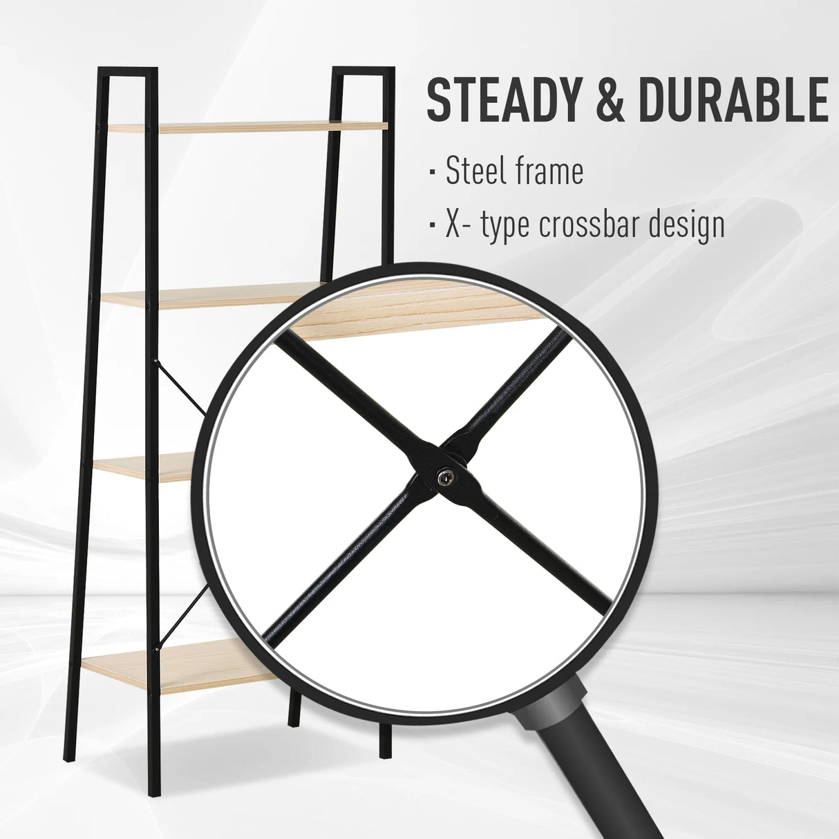 HOMCOM Ladder Shelf, Bookshelf, 4-Tier Industrial Storage Rack for Living Room, Bedroom, Kitchen, Oak and Black