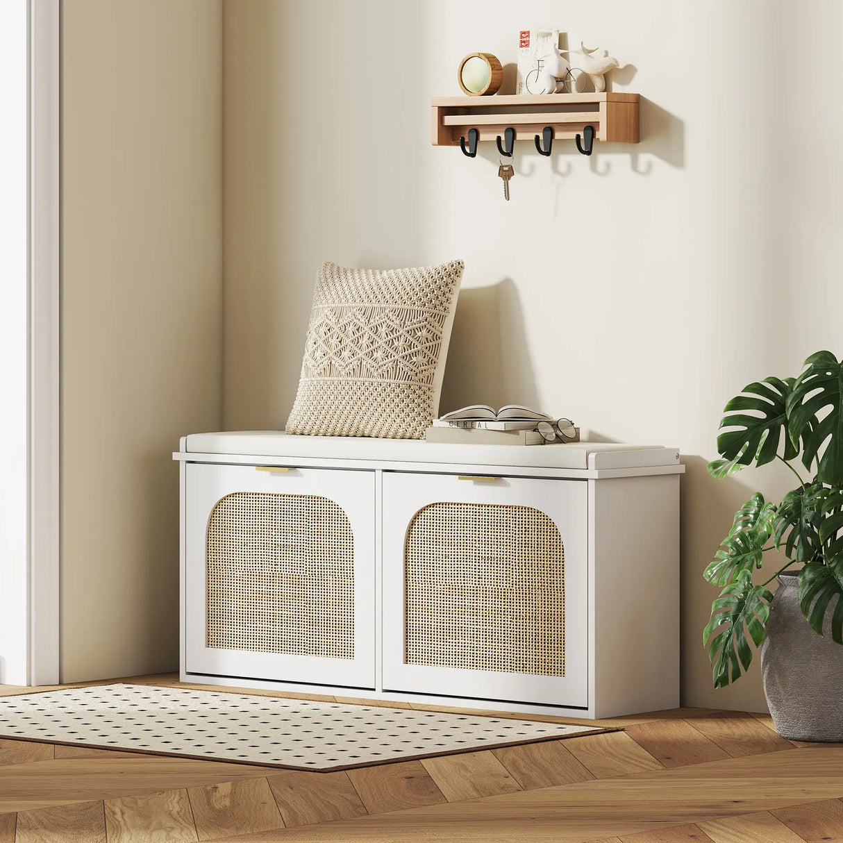 HOMCOM Boho Shoe Bench with Padded Seat and 2 Flip-Drawers - White