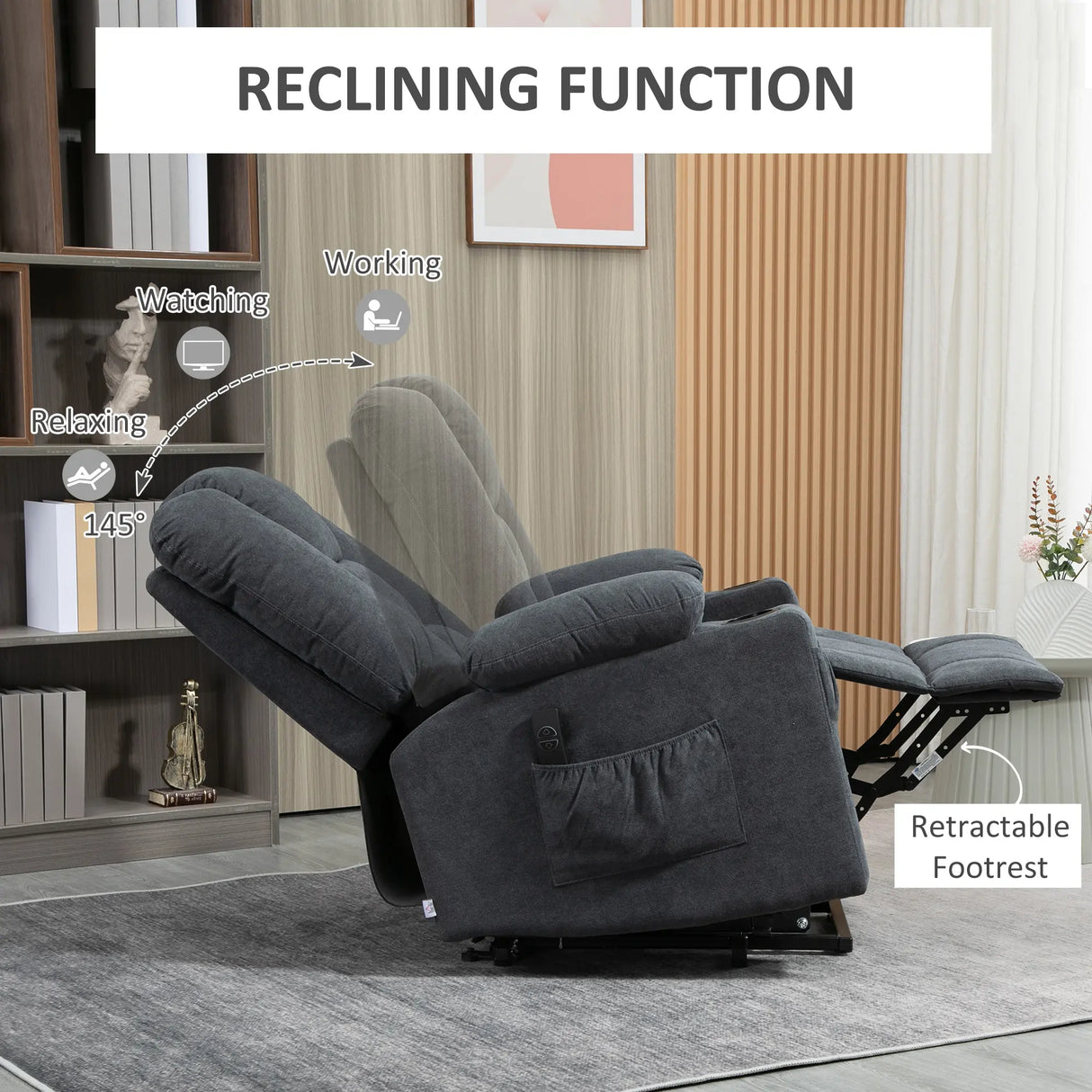HOMCOM Electric Riser Recliner Armchair14 Oversized Chair with Cup Holder & Side Pockets for Elderly in Living Room, Charcoal Grey