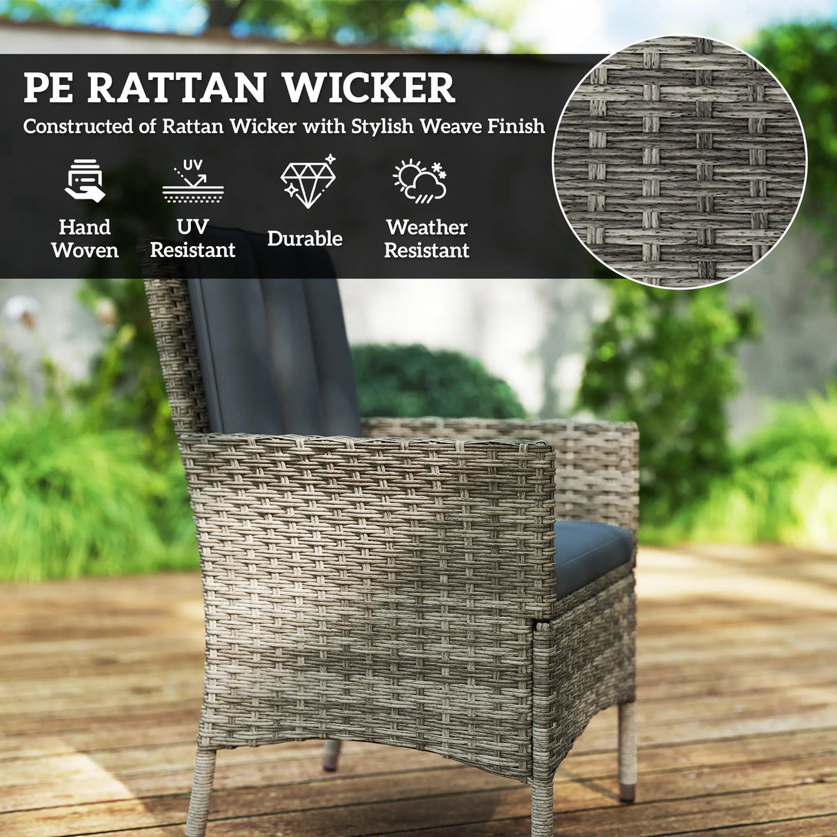 Outsunny Seven-Piece Rattan Dining Table, with Round Glass-Top Table - Light Grey