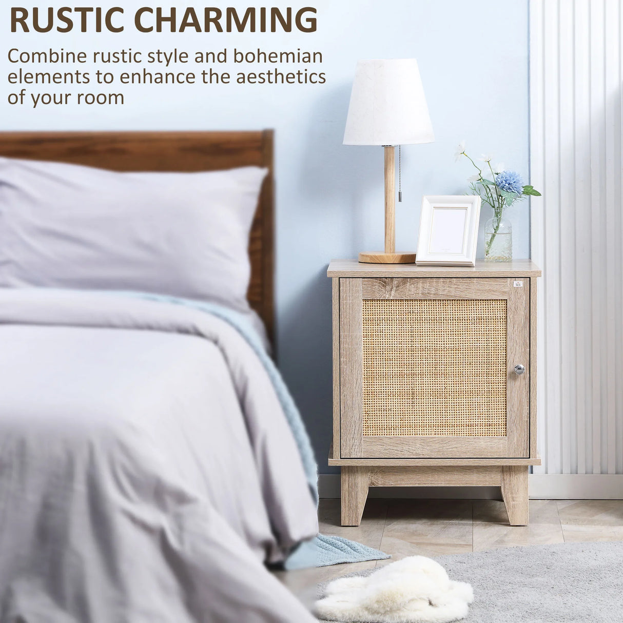 HOMCOM Bedside Table, Bedside Cabinet with Storage Cupboard, Side End Table with Rattan Element for Living Room, Bedroom, Set of 2, Natural