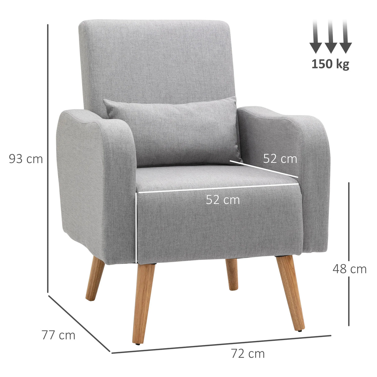 HOMCOM Accent Chair, Linen-Touch Armchair with Pillow, Upholstered Leisure Lounge Sofa for Living Room, Club Chair with Rubber Wooden Frame, Grey
