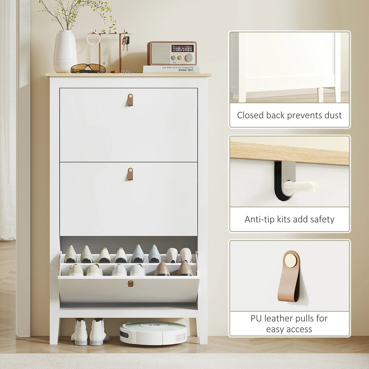 HOMCOM Modern Three-Drawer Shoe Cabinet - White
