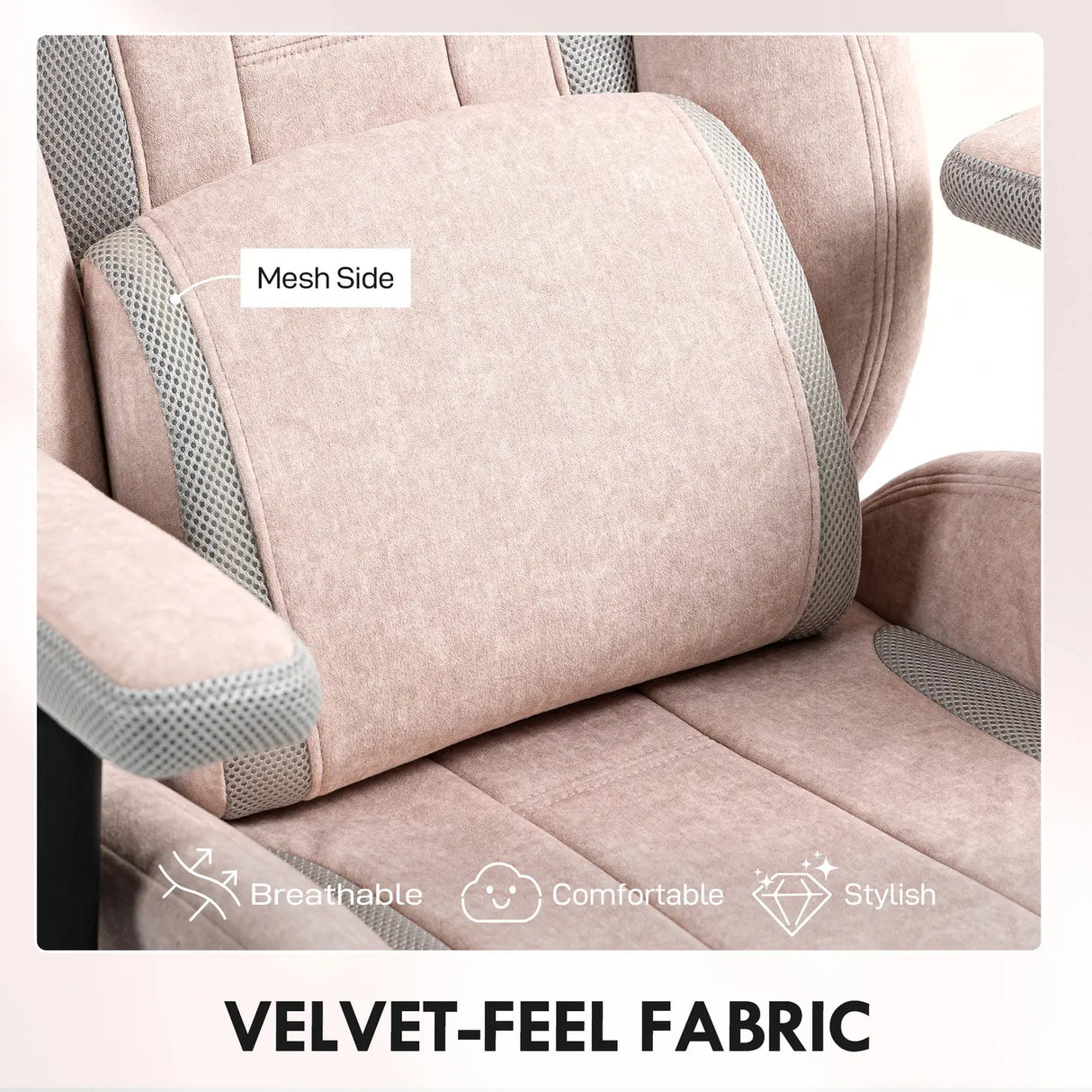 HOMCOM Fabric Gaming Chair with Lumbar Support, Headrest - Pale Pink