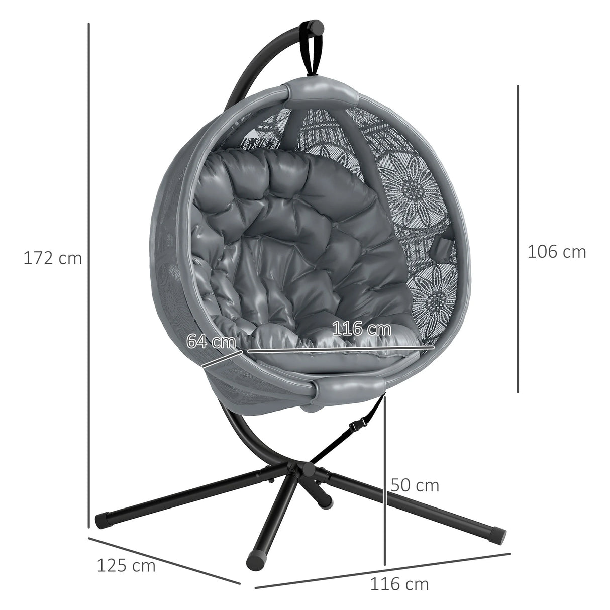 Outsunny Round Egg Basket Chair, with Steel Stand, Charcoal Grey