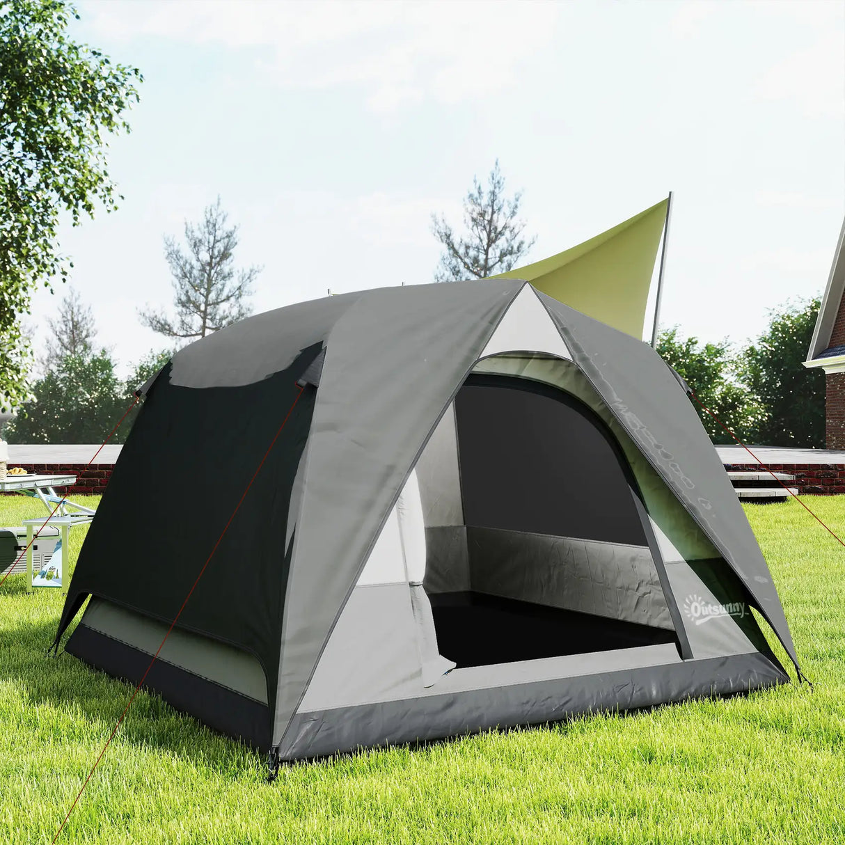 Outsunny 3-4 Person Camping Tent, Easy Set Up 3-4 Man Tent w/ Sewn-in Groundsheet, Waterproof Dome Tent w/ Mesh Windows, Grey