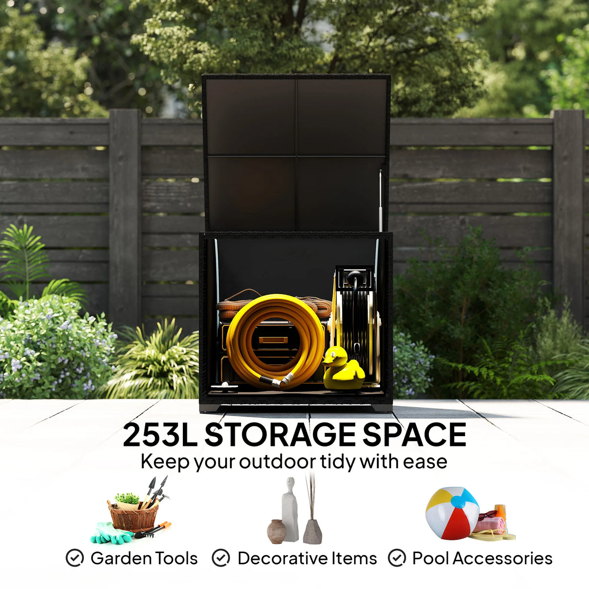 Outsunny 253L Garden Storage Box, Rattan Deck Box with Zipped Liner, Safe Pneumatic Rod, Patio Storage Container, Black