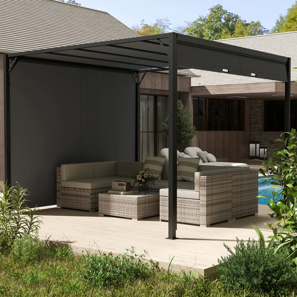 Outsunny 3 X 3 Meters Pergola with Sliding Roof, Garden Gazebo with Adjustable Sun Shade Canopy and Steel Frame, Charcoal Grey