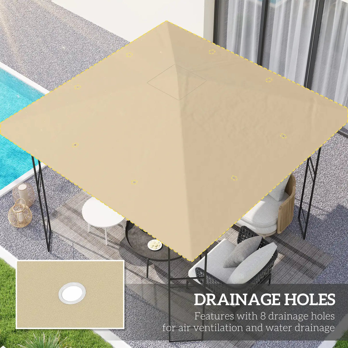 Outsunny 3 x 3(m) Gazebo Canopy Replacement Cover, Garden Gazebo Roof Replacement with Drain Holes, Water Resistant PVC Coating, 370g/, UPF30+, TOP COVER ONLY, Beige
