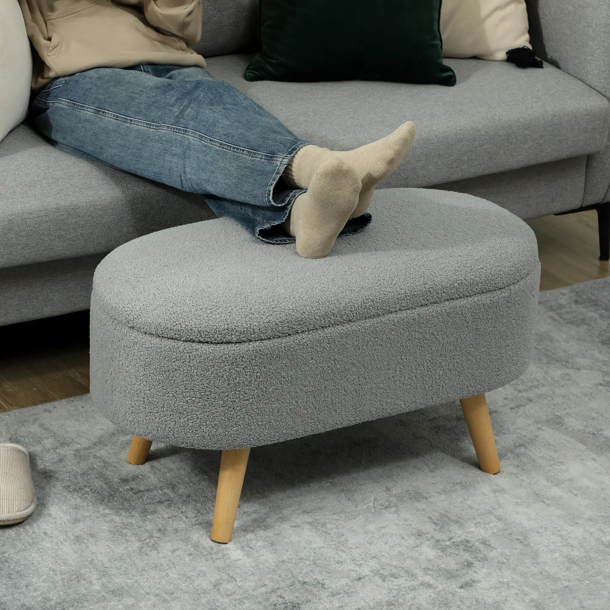 HOMCOM Teddy Fleece Storage Ottoman - Grey
