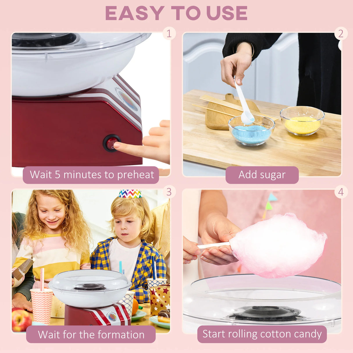 HOMCOM Candy Floss Machine for Kids & Adults, 550W Retro Cotton Maker for Sugar or Candies, Including 10 Candyfloss Sticks, Non-Slip Base, Red & White