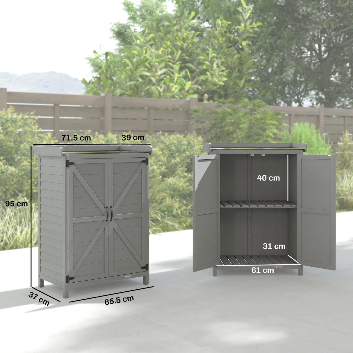 Outsunny Wooden Garden Shed, Garden Tool Storage Shed with Shelf and Side Hooks, 71.5 x 39 x 95 cm, Grey