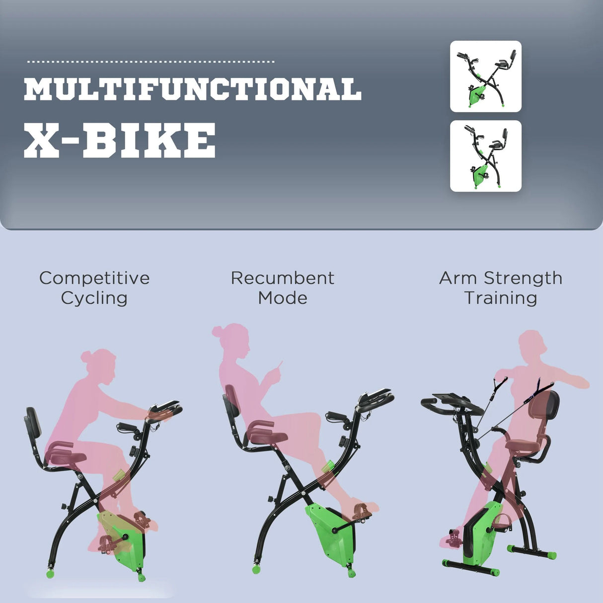 HOMCOM 2-in-1 Folding Exercise Bike with 8-Level Magnetic Resistance, Arm Resistance Band, Pulse Sensor, Green