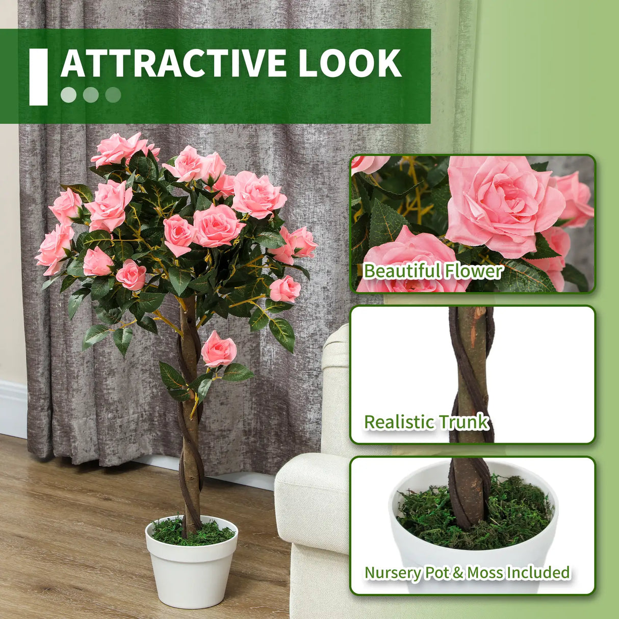 Outsunny Set of 2 Artificial Plants Pink Rose Floral in Pot, Fake Plants for Home Indoor Decor, 90cm