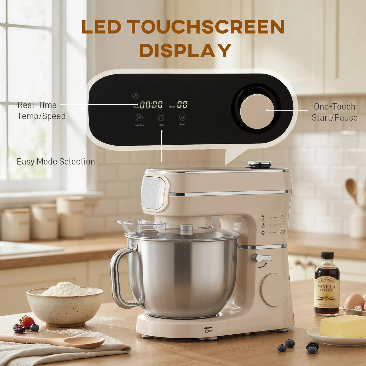 HOMCOM Stand Mixer, 6L 1400W Tilt-Head Food Mixer with 11 Speeds, Pulse & Fermentation Function, LED Display, Cream