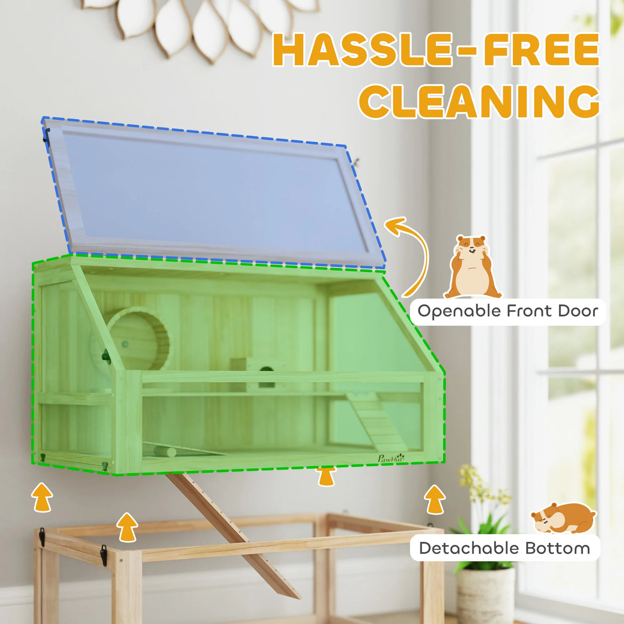 PawHut Wooden Hamster Cage with Detachable 31cm Deep Bottom, Hut, Seesaw, Exercise Wheel, Ramp, 80 x 50 x 76cm, Natural