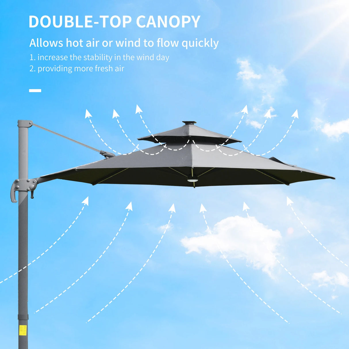 Outsunny 3m Cantilever Parasol w/ Solar Lights Power Bank Base 360 Spin Dark Grey