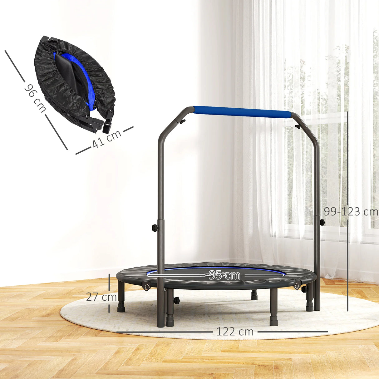 HOMCOM 48" Foldable Mini Fitness Trampoline, with Adjustable Foam Handle, Blue