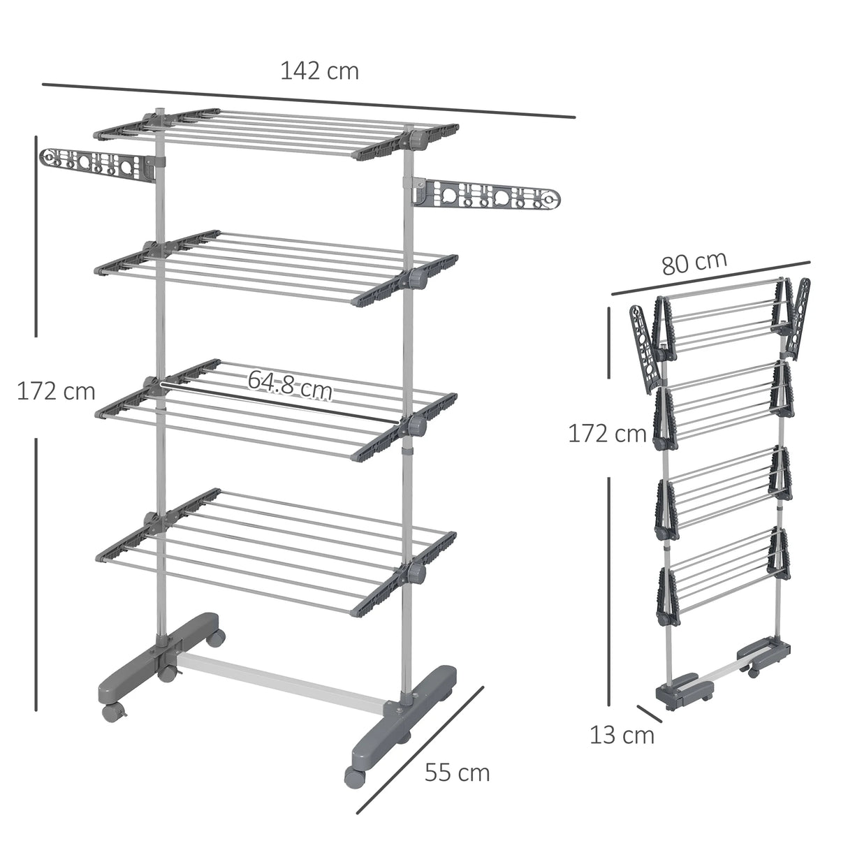 HOMCOM Four-Shelf Collapsing Clothes Horse, With Side Arms and Wheels - Grey