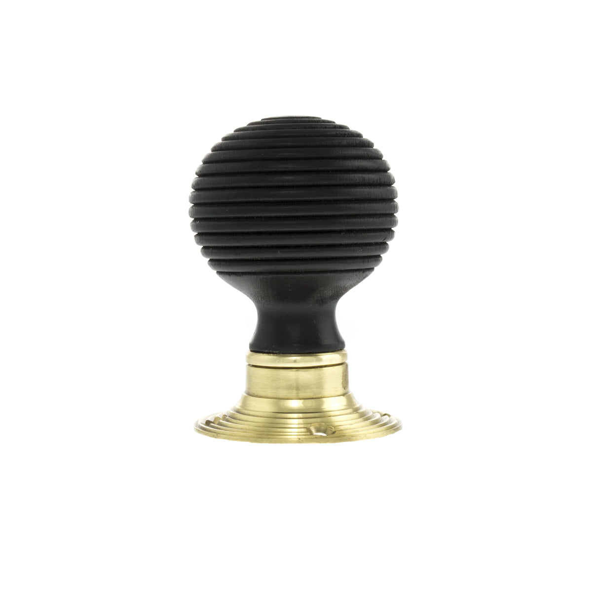 Old English Whitby Ebony Wood Reeded Beehive Mortice Knob on Face Fix Rose - Polished Brass - Set