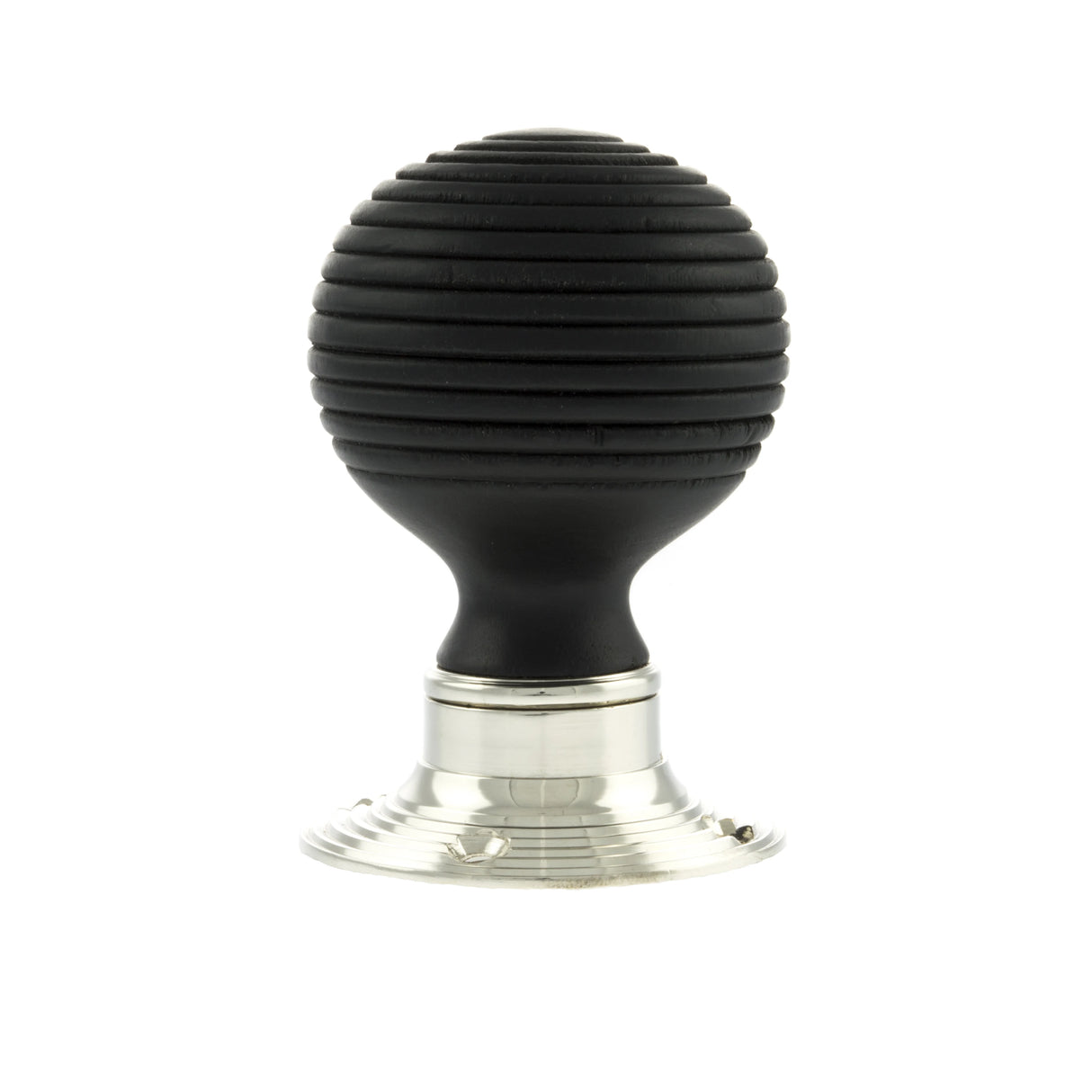 Old English Whitby Ebony Wood Reeded Beehive Mortice Knob on Face Fix Rose - Polished Nickel - Set