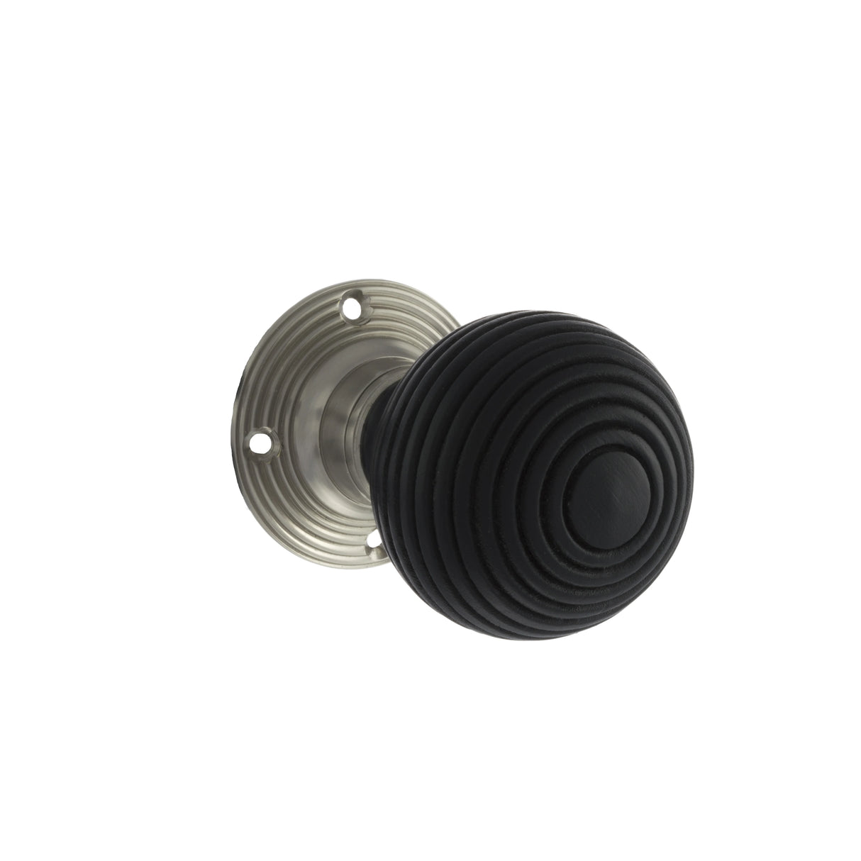 Old English Whitby Ebony Wood Reeded Beehive Mortice Knob on Face Fix Rose - Satin Nickel - Set