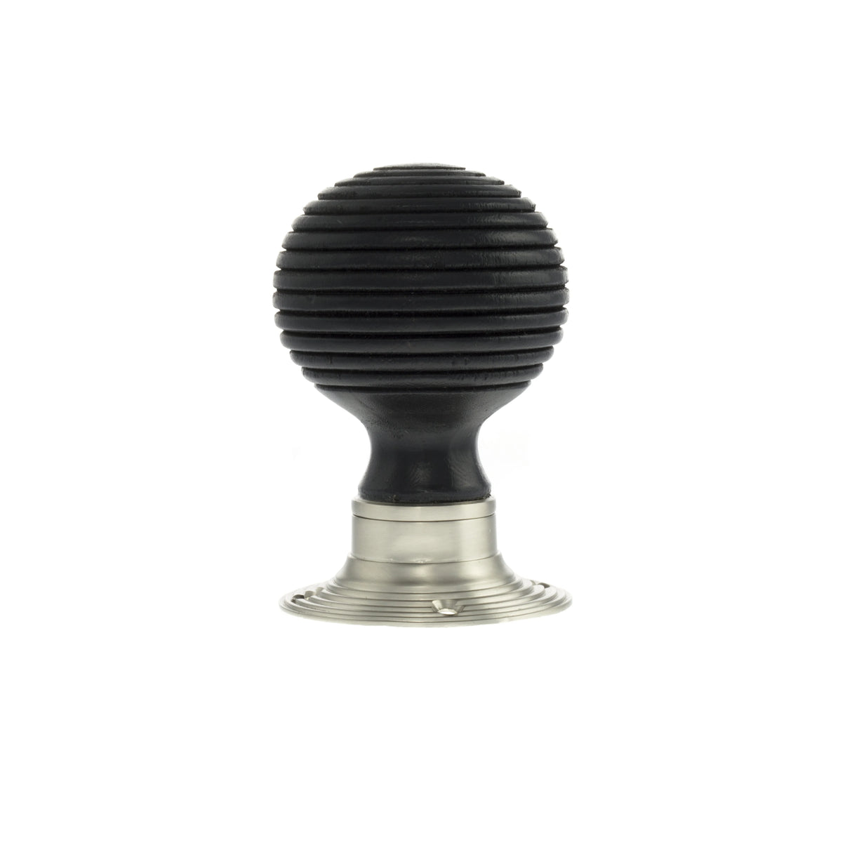 Old English Whitby Ebony Wood Reeded Beehive Mortice Knob on Face Fix Rose - Satin Nickel - Set