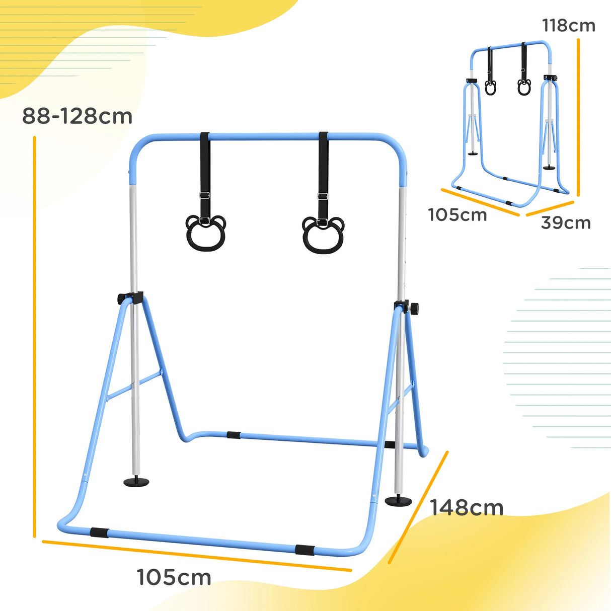HOMCOM Adjustable Height, Foldable Kids Gymnastics Bar w/ Non-slip Rubber Floor Rings, for 3+ Years, Blue