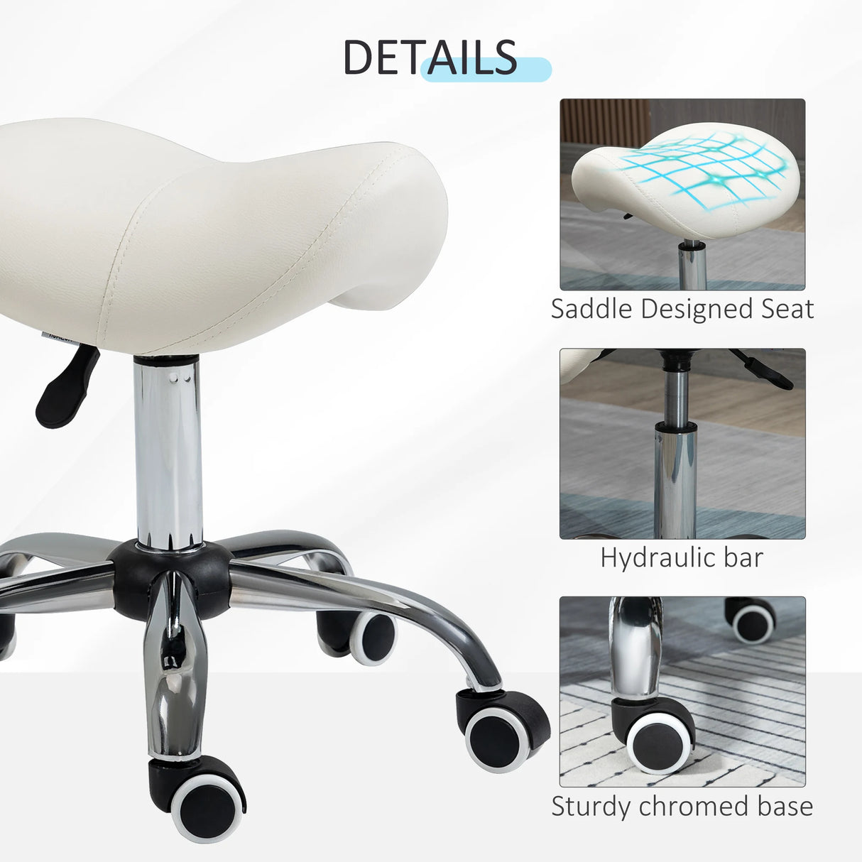 HOMCOM Cosmetic Stool 360 Rotate Height Adjustable Salon Massage Spa Chair Hydraulic Rolling Faux Leather Saddle Stool, Cream