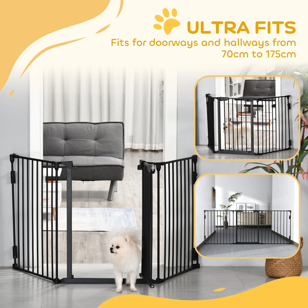 PawHut Pet Safety Gate, 3 Panels Playpen Fireplace, Foldable Metal Fence, Stair Barrier, Room Divider, Fire Guard w/ Automatic Closing Door, Black