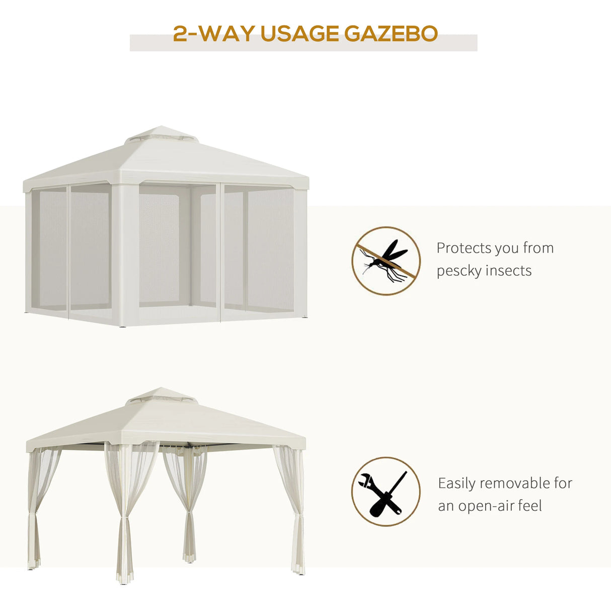 Outsunny 3 x 3 m Metal Gazebo, Garden Pavillion, Double Roof Outdoor Canopy Shelter with Mesh Sidewalls, Cream White