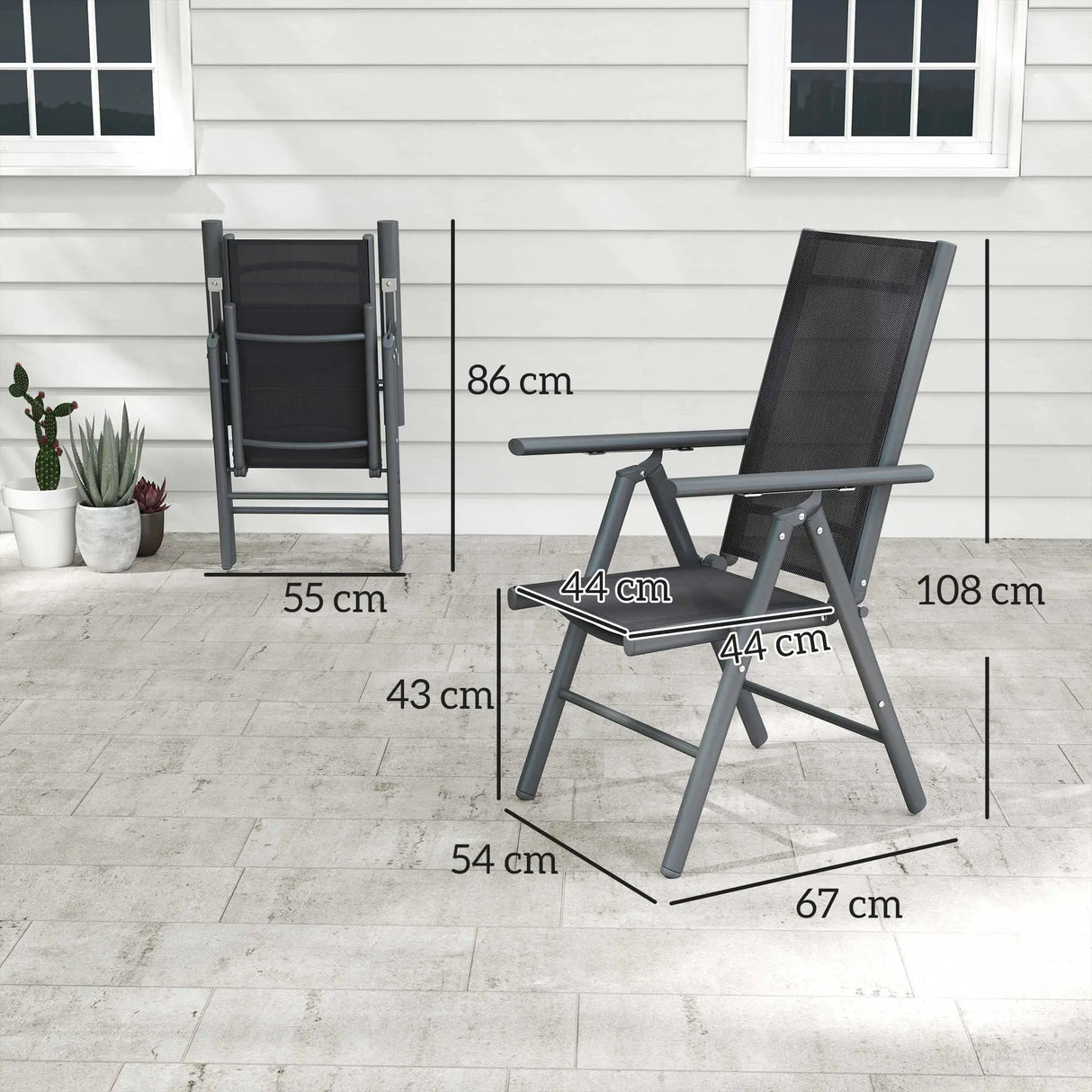 Outsunny Set of 2 Folding Chair, Aluminium Frame Outdoor Camping Chairs with Breathable Mesh Back and Seat, Garden Chair Set with Armrests for Balcony, Dark Grey