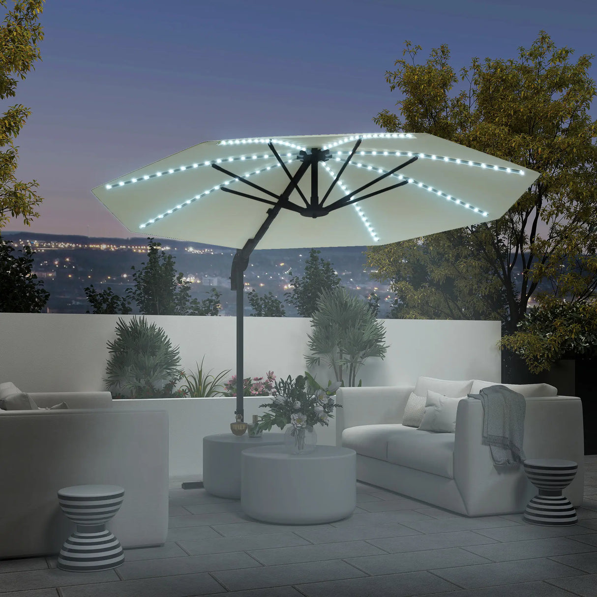 Outsunny 3(m) Cantilever Garden Parasol with Solar Powered Lights, Crank Handle & Cross Base, UPF 50+, 360 Rotation, Cream