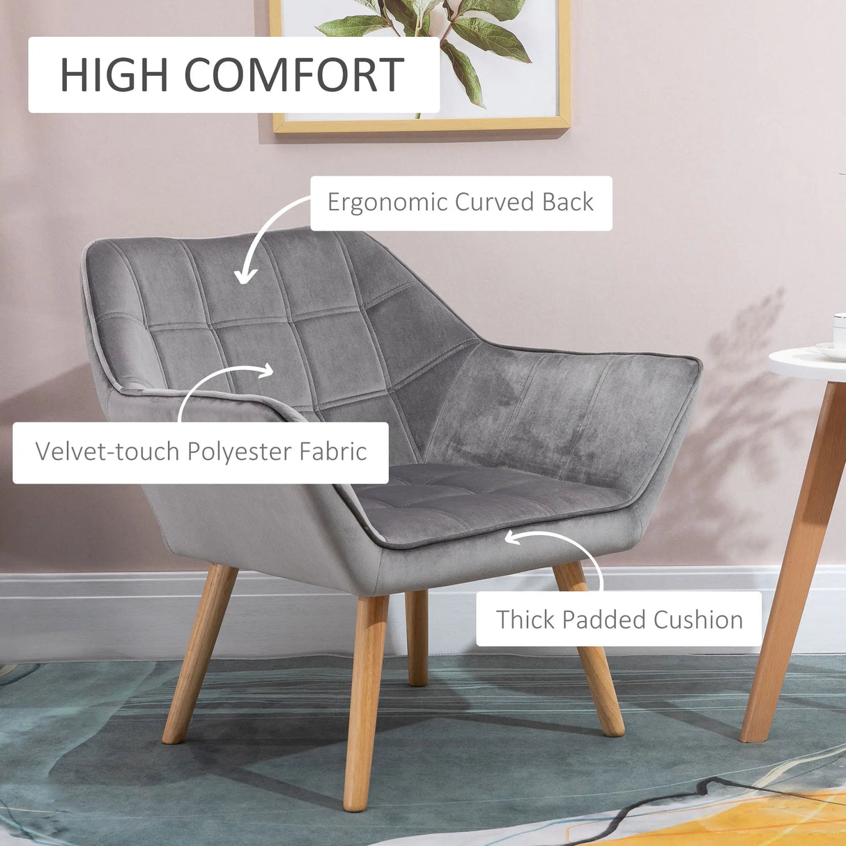 HOMCOM Armchair Accent Chair, Vanity Chair with Wide Arms, Slanted Back, Padding, Metal Frame, Wooden Legs, Home Bedroom Furniture Seating, Set of 2, Grey