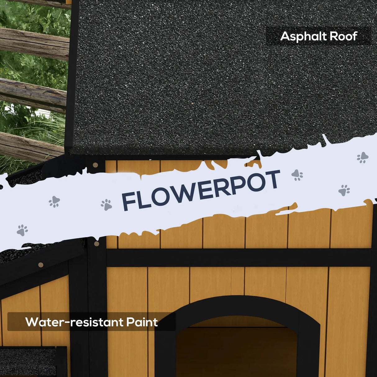 PawHut Wooden Cat House with Flower Pot, Windows, Multiple Entrances, Water-Resistant Roof for Outdoor - Yellow