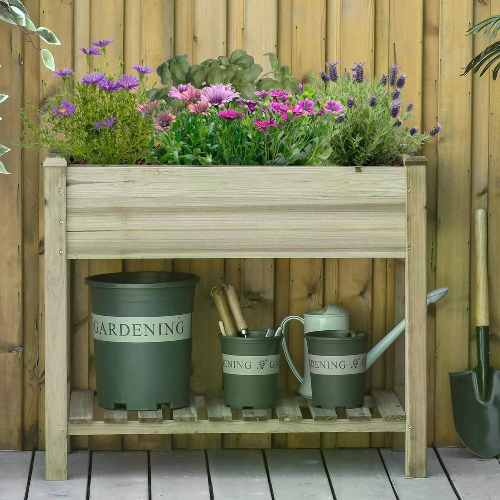 Outsunny Garden Wooden Planters14 Raised Garden Bed with Legs and Storage Shelf Elevated Wooden Planter Box