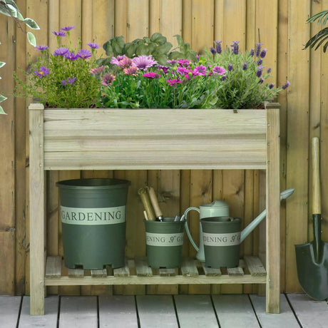 Outsunny Garden Wooden Planters14 Raised Garden Bed with Legs and Storage Shelf Elevated Wooden Planter Box