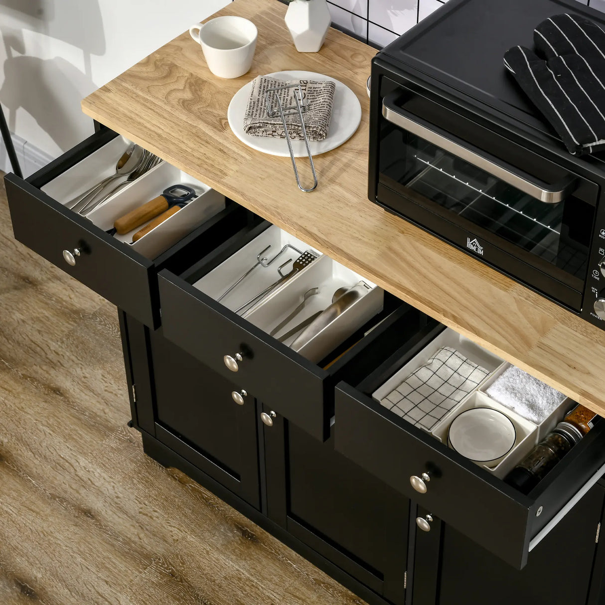 HOMCOM Sideboard with Rubberwood Top and Adjustable Shelves for Dining Room, Kitchen - Black