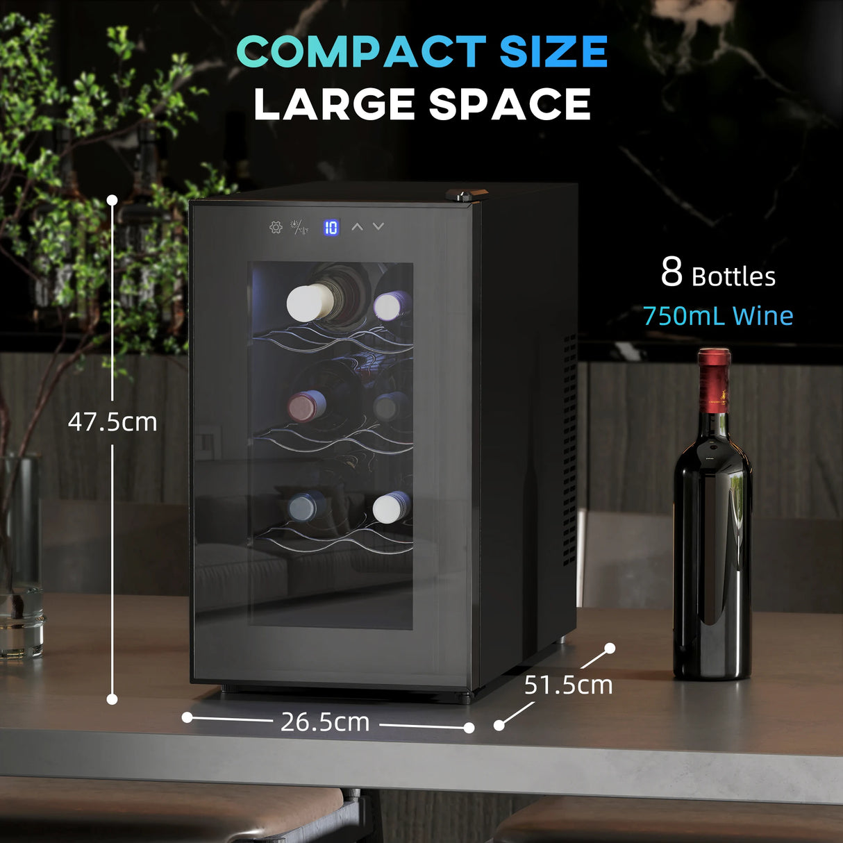 HOMCOM Mini Table Top Wine Fridge, 8 Bottle, 17L, 8-18, 26.5cm Quiet Under Counter Wine Cooler Fridge with Glass Door, LED Light, Digital Touch Screen, Temperature Control