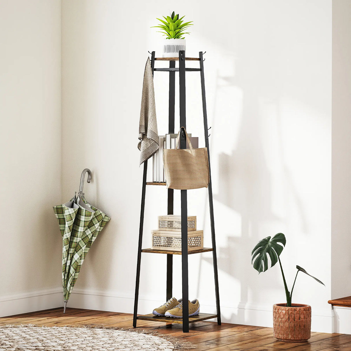 HOMCOM Compact Freestanding Coat Rack - Black/Brown