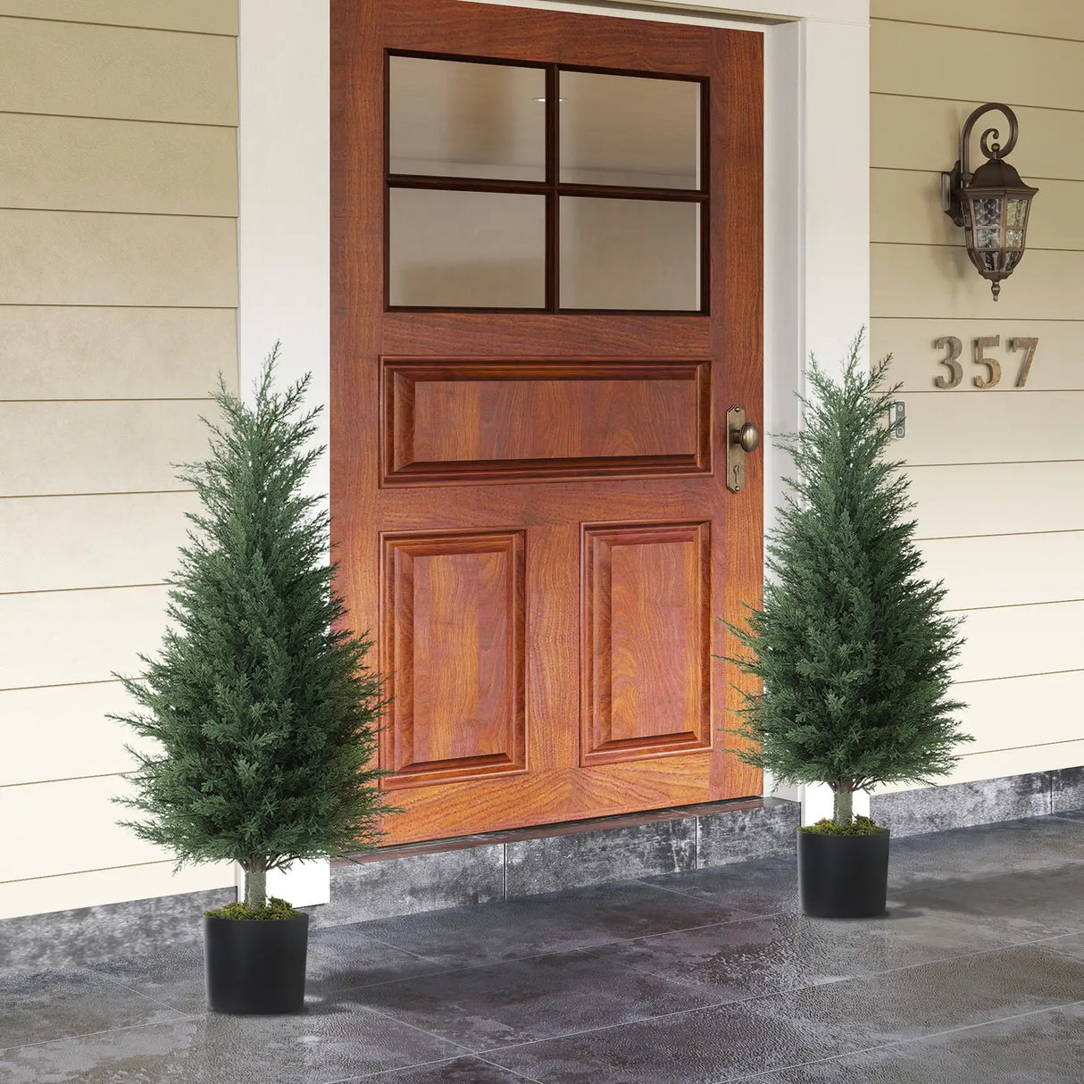 HOMCOM Artificial Plants Outdoor, 90 cm Fake Cypress Tree with Plastic Pots, UV-Resistant Faux Plants for Garden Front Porch Decoration, 2 Pack
