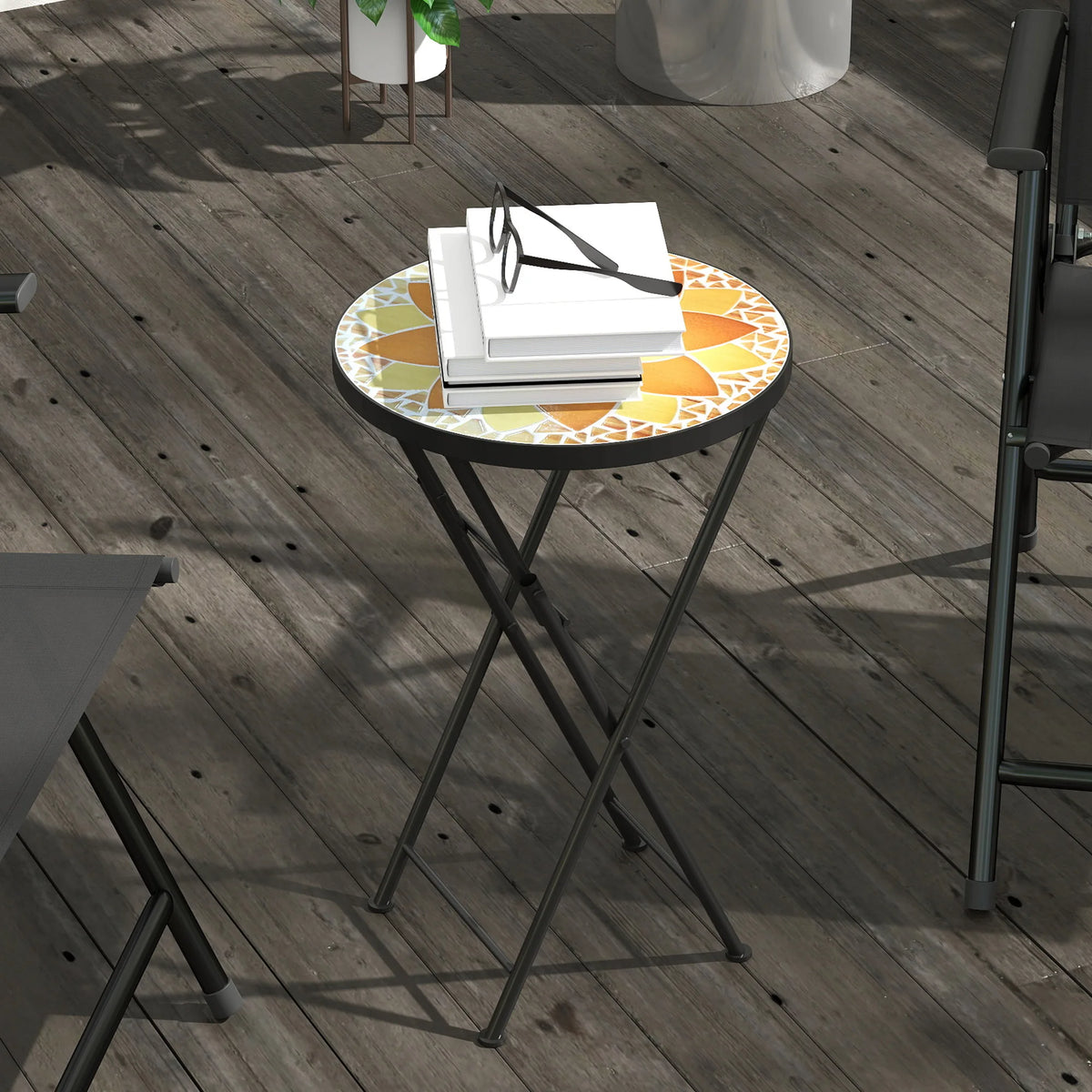 Outsunny Mosaic Outdoor Garden Table, 35.5cm Round Folding Coffee Table with Metal Frame for Balcony Terrace, Yellow
