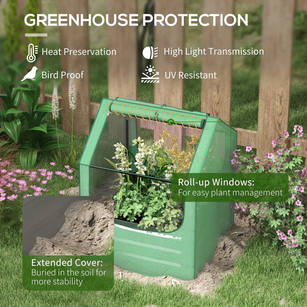 Outsunny 61 x 61cm Garden Planter Bed, with Mini Greenhouse - Green and Silver